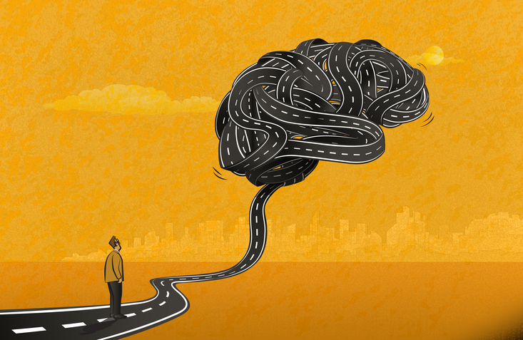 The man standing on a road and looking at the big brain-shaped knot formed by tangled roads., advertising blog about stress